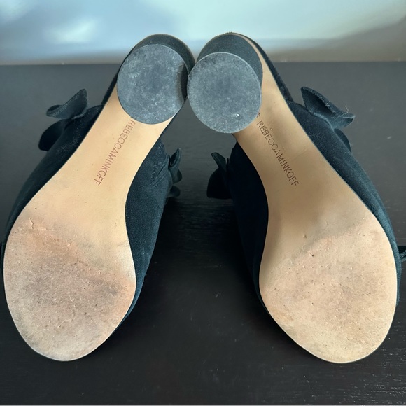 Rebecca Minkoff Jaxon Mules Black Suede Ruffled Heels Sandals - Picture 7 of 9